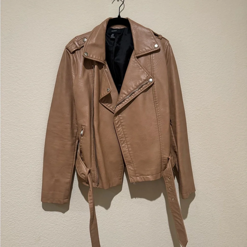 Forever 21 Tan Leather Moto Jacket with Belted Waist - Picture 2 of 4